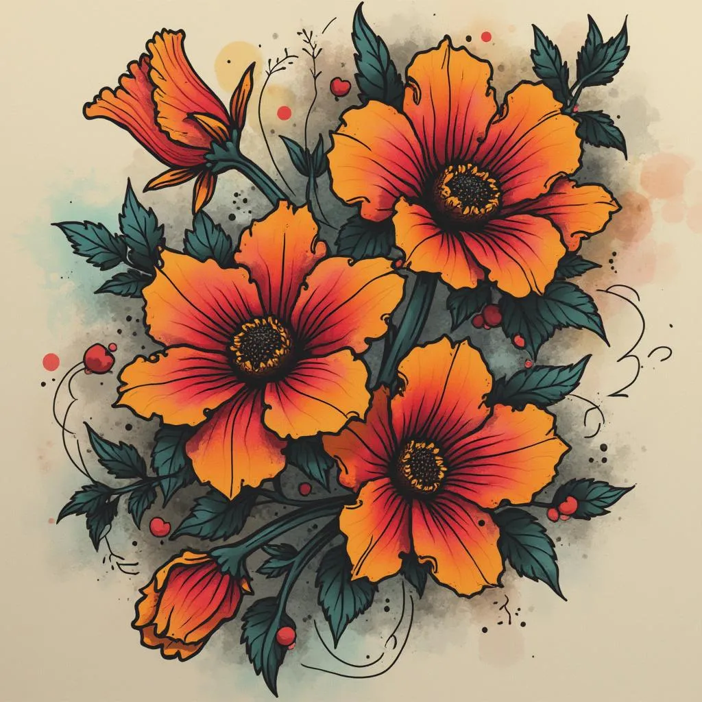 Tatuaje neotradicional de flores