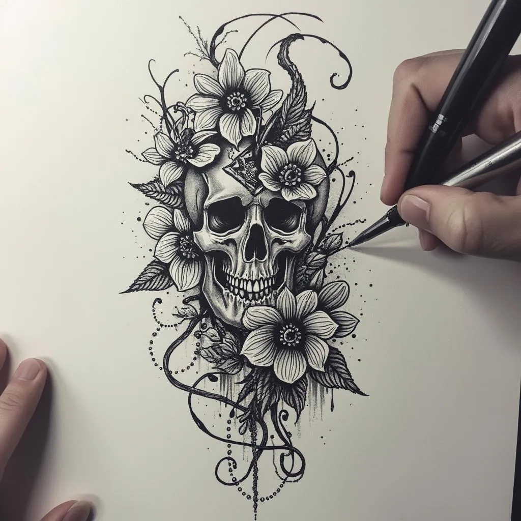 Diseño artístico de tatuaje en proceso