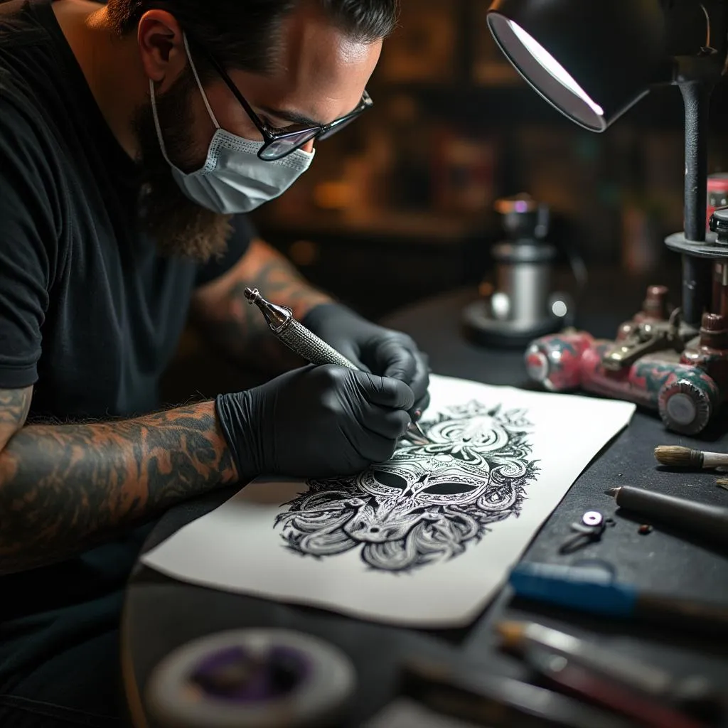Artista tatuador trabajando en un diseño detallado